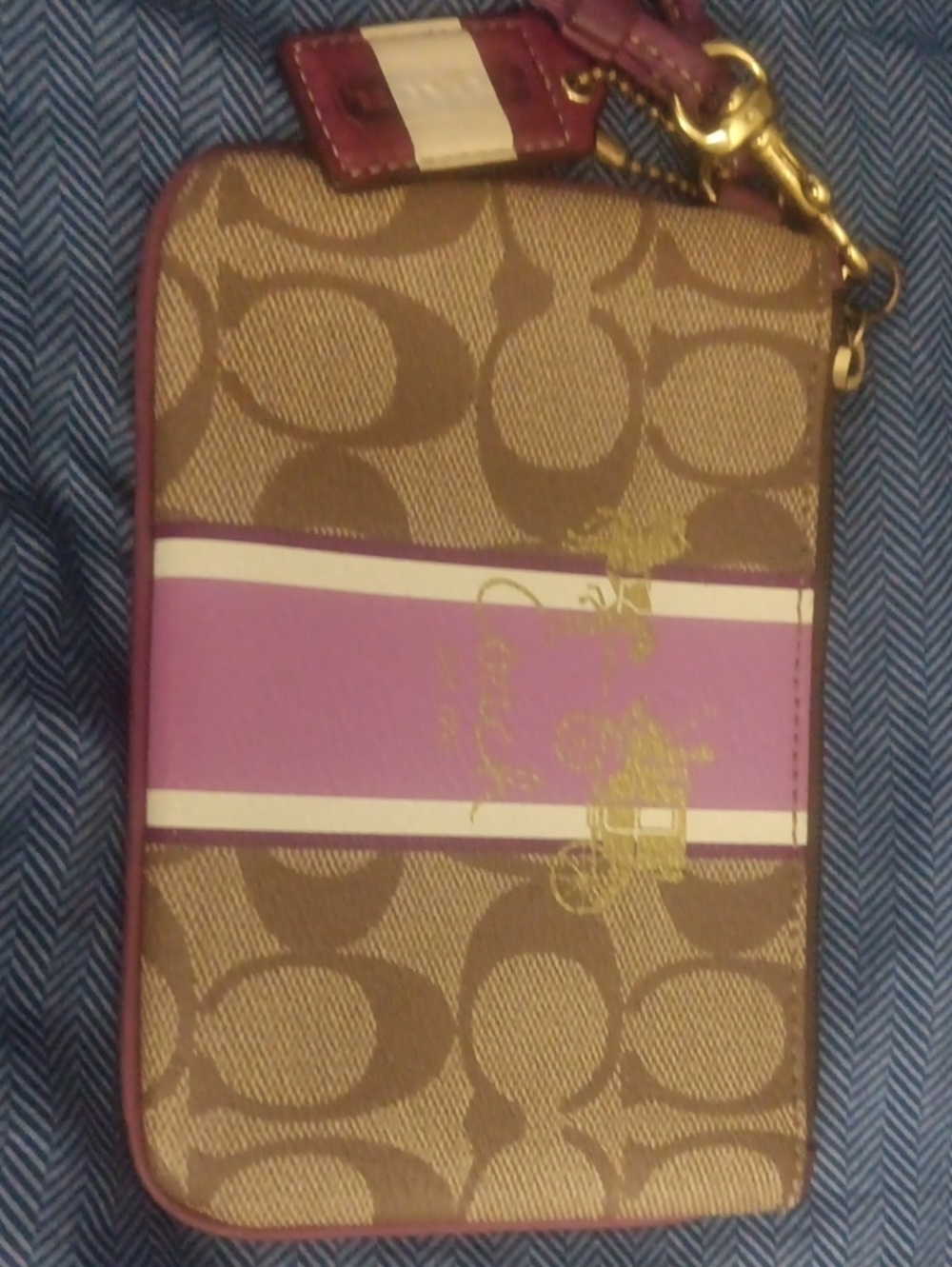 Coach Brown Signature Canvas Wristlet with Purple Stripe